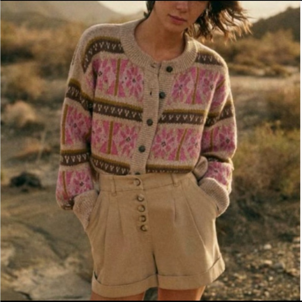 NWT Sezane Antonio Jumper, size S Cardigan Sweater in Taupe and Pink